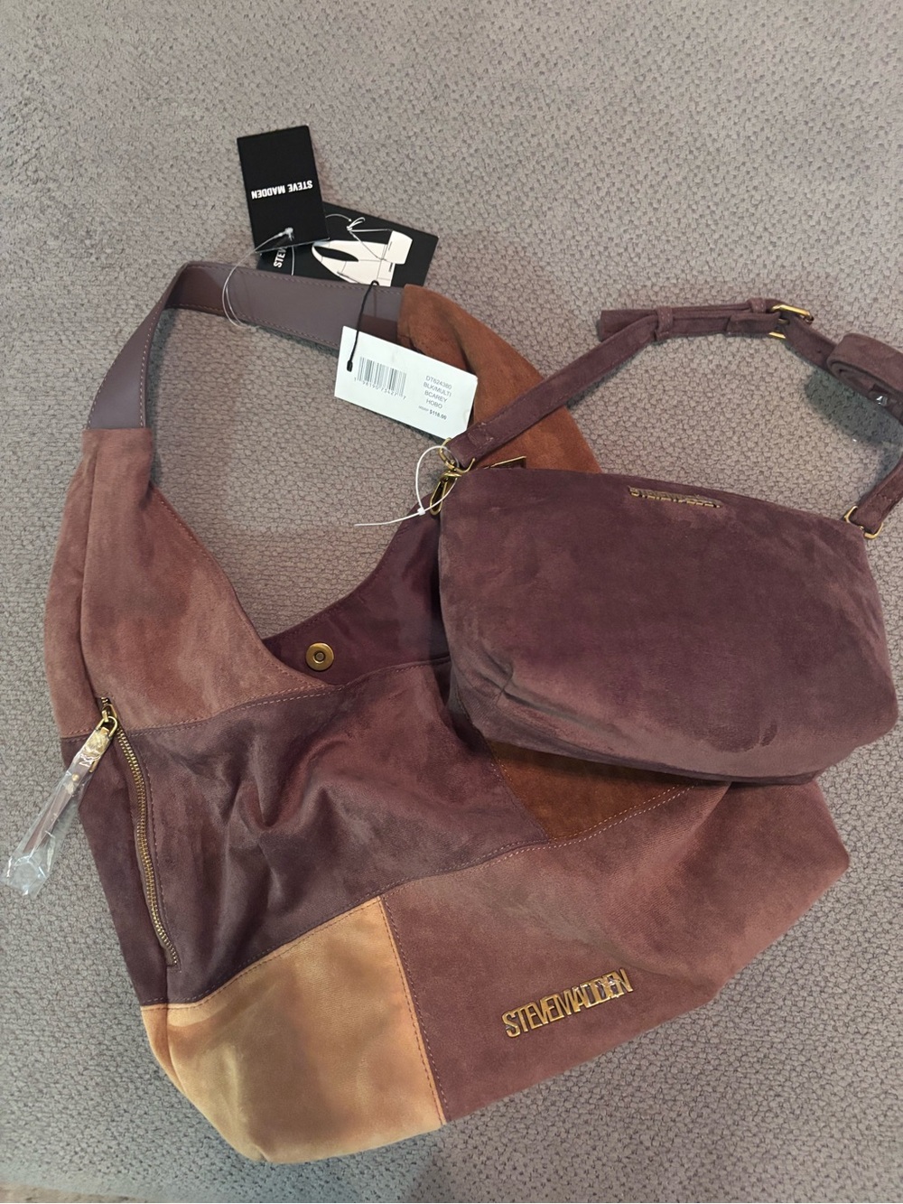 Steve Madden Suede Patchwork Hobo Bag in Plum and Tan